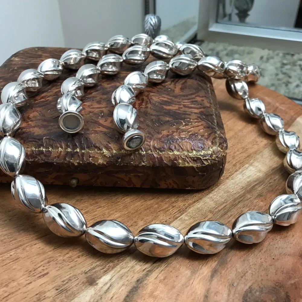 Silver Beaded Necklace w/ Magnetic Closure 37”